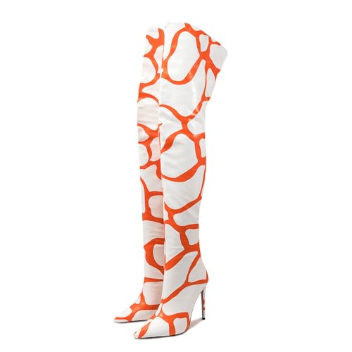 Image of Thigh high boots for women striped Back zipper Burgundy Zebra Print Over the knee Sexy gold white pointed toe Cow Print leopard Magenta stiletto heel