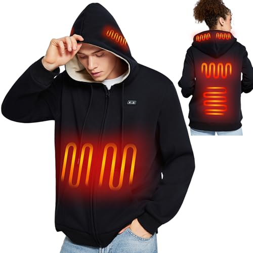 seenlast Sweat Chauffant, Sweat à Capuche Zippe Chauffé Veste chauffante Homme Femme avec Batterie Incluse 10000mAh, Manteau Chauffante avec 6 Zones de Chaleur et 3 Niveaux Température, Noir