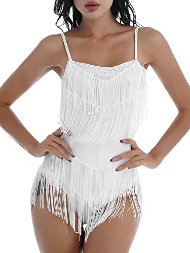easyforever Womens Tassel Dance Leotard Dress Latin Salsa Rumba Dance Fringe Dress Performance Costume White Large