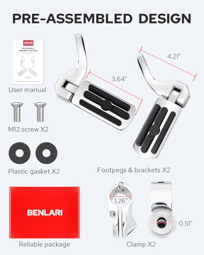 Image of Benlari Motorcycle Adjustable Highway Footpegs Style 2 Chrome Short Angled Fit for Harley Touring Street Glide Softail Dyna Sportster fits 1 inch(25mm) 1-1 /4 inch(32mm) Engine Guard