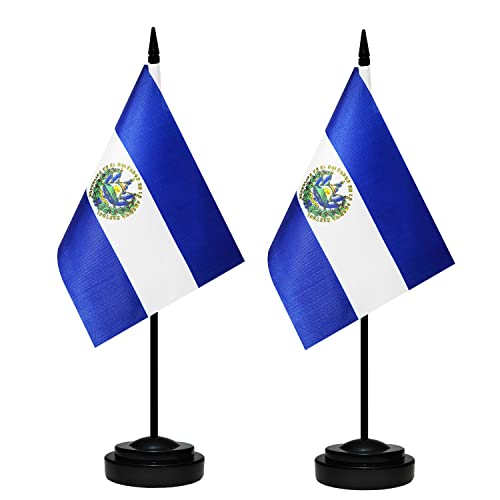 Salvador Desk Flag Set, 2 Pack Salvador Table Office Flags, Small Mini Desktop Flag With 12" Solid Black Pole, Black Base, Miniature Desktop Flag #TOP21