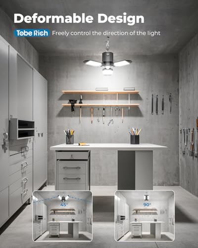 Image of toberich Motion Sensor Garage Light Plug in, 8000LM Shop Light w / 3 Modes, 3 Deformable LED Panels, 6500K Indoor Motion Sensor Light Bulb for Garage, Utility Room, Basement (1 Pack)