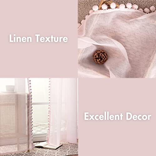 Miulee 2 Pcs Linen Textured Pink Window Sheer Curtains 84 Inches With Pom Pom For Bedroom Living Room Semi Transparent Kids Voile Panels For Light Filtering W 54 X L 84 Baby Pink #TOP3