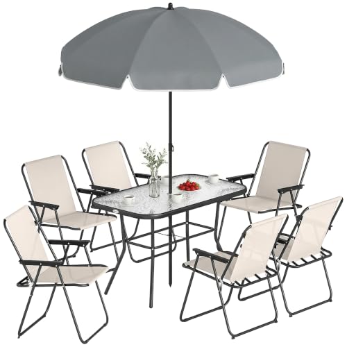 Outsunny Conjunto de Mesa y Sillas Jardín de 8 Piezas con Sombrilla Crema