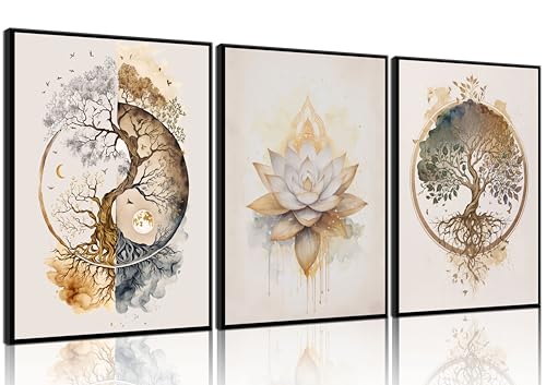 3 Pcs Tree of Life Wall Art Modern Gold Lotus Zen Canvas Wall Decor Abstract Yin Yang Posters Pictures Yoga Meditation Studio Painting Prints For Living Room Hotel Bedroom Home Decoration Unframed