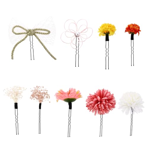 Veemoon Ornement de Cheveux Kimono 9 Pièces, Coiffe Japonaise Fleurs de Chrysanthème Préservées Rouges, Accessoires Féminins Légers et Élégants pour Mariage, Festival et Usage Quotidien