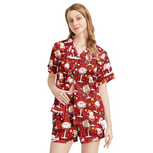 Image of Funny Satin Pajamas Set for Women Button Down Sleepwear Print Pjs Set 2 Piece Short Sleeve Loungewear Gift for Women