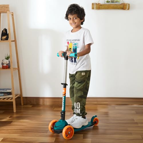 Image of AMAZON BRAND JAM & HONEY 3 Wheel Kids Scooter with RGB Light-UP Wheels,Foldable Design & Height Adjustment-BIS Certified-Indoor & Outdoor USE,Blue /Orange (UP to 20 KG)