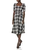 Taylor Women's Square Neck Elbow Sleeve Plaid Midi Fit and Flare Knit Dress, Black/Ivory, 12-13