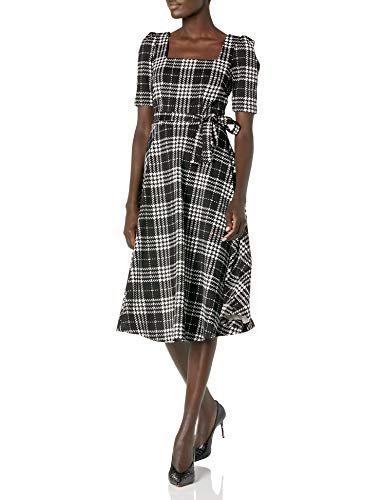 Taylor Women's Square Neck Elbow Sleeve Plaid Midi Fit and Flare Knit Dress, Black/Ivory, 12-13