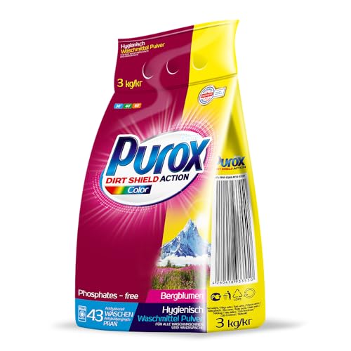 PUROX COLOR Detergente Lavadora Polvo en bolsa (43 Lavados) – para tejidos de color, elimina manchas, ecológico, protege contra la cal, 3 kg