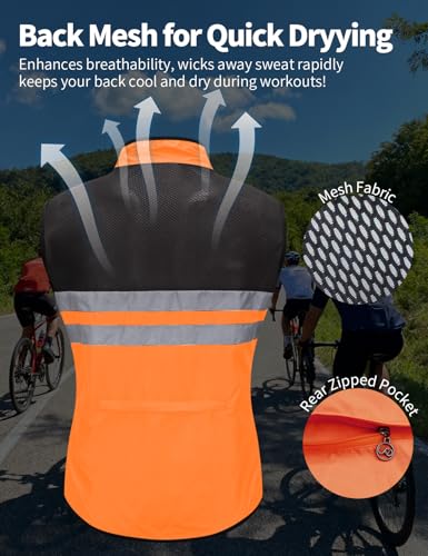 WOSAWE Men's High Visibility Cycling Wind Vest Sleeveless Reflective Bicycle Gilet, Orange XL