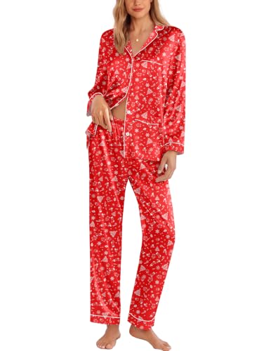 Image of Ekouaer Pajamas for Women Silk Satin Button Down Long Sleeve Pajama Sets