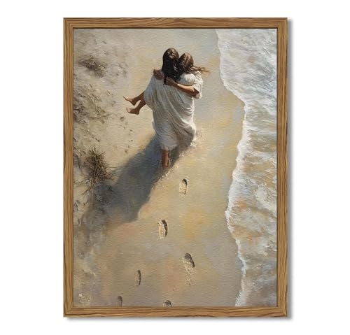 Jesus Hugging Woman Wall Art Jesus on the Beach Wall Decor 3D Textured Hand Drawn Sandstone Christian Decor Painting Footprints on the Beach Artwork for Bedroom Living Room 12x16 inch Wood Framed