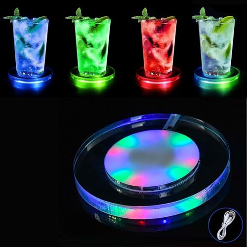 LED-Untersetzer,Wiederaufladbare, leuchtende Getränkeuntersetzer, 3 Leuchtmodi für Bier, Cocktails und Wein – Perfekt für Partys, Hochzeiten, Bars und Clubs (Kreis, Farbe)