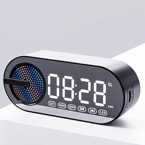 IHAO Portable Wireless Bluetooth Speakers 4 in 1 Multifunctional Soundbox Alarm Clock Mini FM Radio Mirror 4 Hours Playtime Handsfree, Ambient LED Light Speakers for Home, Outdoor, Travel-Black Cover