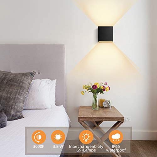 OOWOLF Modern Set of 2 LED Wall Sconces, Waterproof IP65 Outdoor, 3000K Cool White Aluminum Wall Sconce Lighting, G9 Replaceable Bulb Up and Down Indoor for Living Room Bedroom Hallway Black - Thumbnail 4