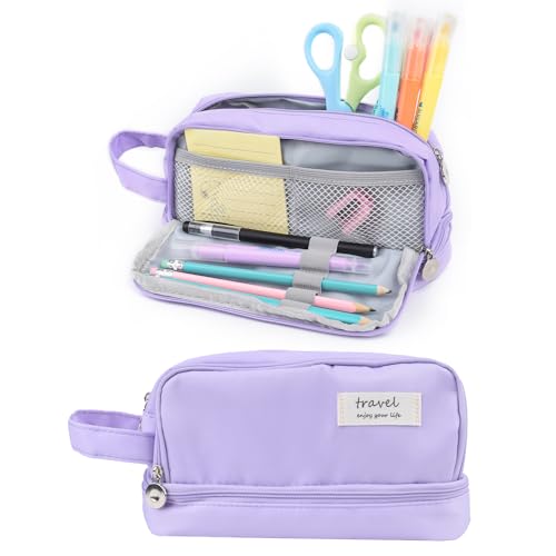 Image of Large Capacity Pencil Case, Pen Bag, Stationery Storage Kit, Multiple Compartments, Office Travel Pouch, Arts and Crafts Supplies Organizer (PURPLE)