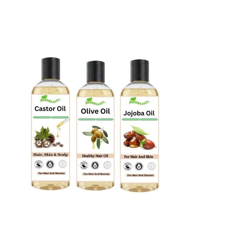skin care 200 ml castor oil, olive oil & jojoba oil set for men & women | hair growth support, scalp nourishment, root strengthening & healthy hair care combo