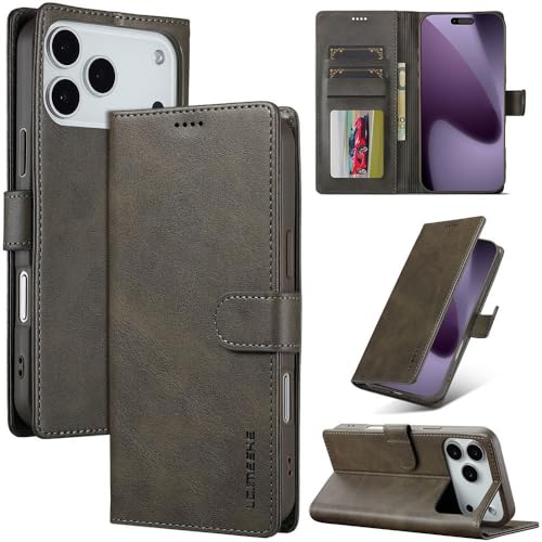 Étui iPhone 15 Plus gris portefeuille en cuir à rabat