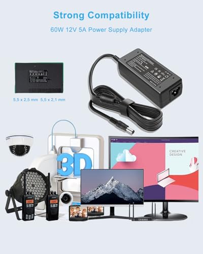 Netzteil 12V 5A 60W Stromversorgung für LED Streifen, LED Lichtleiste, TV, DVD TVs TFT Bildschirm Monitor, NAS, EXT. Festplatten, für Pico-PSU bis Netzteil Adapter 5,5 * 2,5/2,1mm