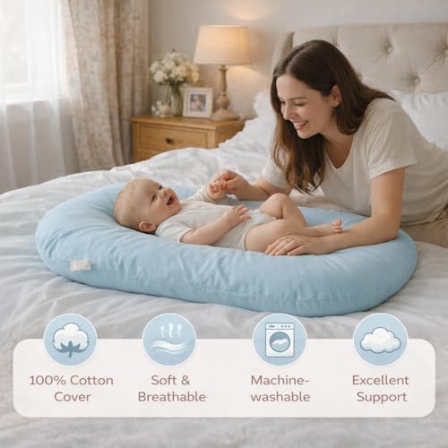 Image of Baby Lounger for Newborn 0-24 Months, Soft Portable Infant Nest & Play Mat & Diaper Changing Pad for Home,Travel & Floor Time, Newborn Babies Essentials Gifts(Misty Blue)