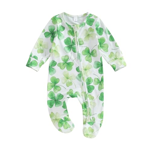 Dcohmch St Patricks Day Baby Boy Girl Outfit Jumpsuit Shamrock Print Long Sleeve Onesie Newborn Infant Spring Clothes (White, 0-3 Months)