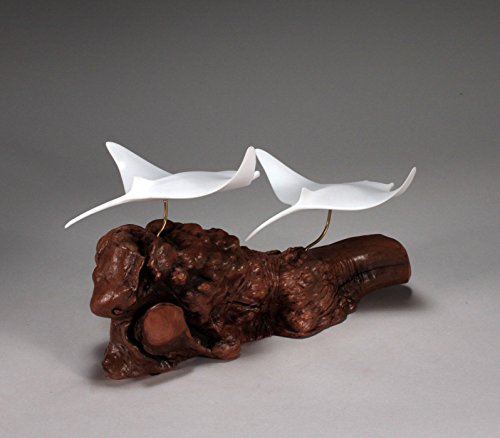 Manta Ray Duo Sculpture by John Perry White Statue on Wood 8in Tall - Thumbnail 5