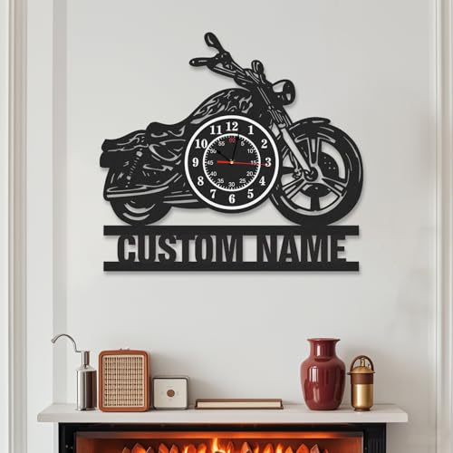 Personalized Large Outdoor Clock Custom Motorcycle Wall Clock with Name Modern Metal Wall Art Battery Operated Silent Non Ticking Clock for Garage Workshop Farmhouse Man Cave Gifts for Men