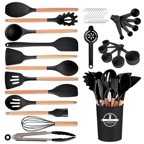 Gaixvny Kitchen Utensils Set - 34 PCS Non-Stick Silicone Cooking Utensils Set with Wooden Handle,Kitchen Gadgets Tools Set for Nonstick Cookware (Black-34P)