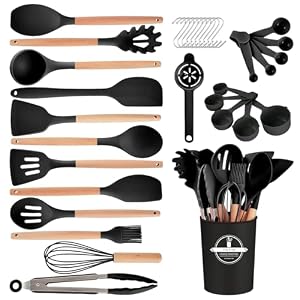 Kitchen Utensils Set – 34 PCS Non-Stick Silicone Cooking Utensils Set Spatula Set with Holder, Wooden Handle Spoon,Brush,Whisk Kitchen Gadgets Tools Set for Nonstick Cookware (Black-34P)