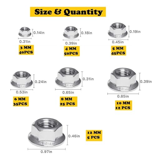 Image of Epi-Torque 212 Pcs Stainless Steel Serrated Hex Flange Nuts Flange Metric Hex Lock Nuts Assortment Kit (M3 M4 M5 M6 M8 M10 M12)