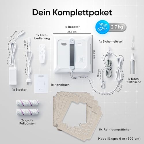 Fensterputzroboter [patentierte Rollbürsten] Fensterputzer elektrisch mit App-Steuerung [deutsch] Fensterroboter 3-Düsen Sprühfunktion & Anti-Fall-Sensoren | Winbot Roboclean Window Cleaning Robot