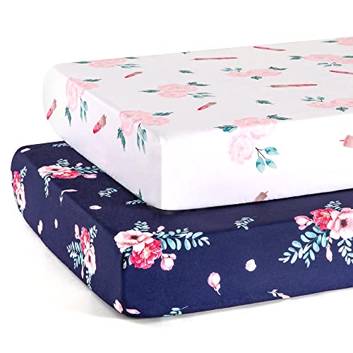 Image of TILLYOU Fitted Crib Sheet Set 2 Pack - Super Soft Toddler Bed Sheets for Standard Crib and Toddler Mattresses, 28"x52"x8", Navy & White Roses