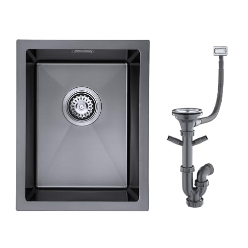 KINKIBOS Évier de cuisine 304 en acier inoxydable 35 x 45 cm, évier sous plan de travail petit, évier en acier inoxydable noir gris avec trop-plein (sans...