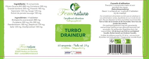 Draineur Retention d'Eau | Turbo Draineur 60 Comprimés Vegan | Detox Foie & Colon | Diurétique - Elimination Toxines | Bardane - Pissenlit - Fumeterre | Brûleur Dépuratif | Fabriqué en France – vue 5