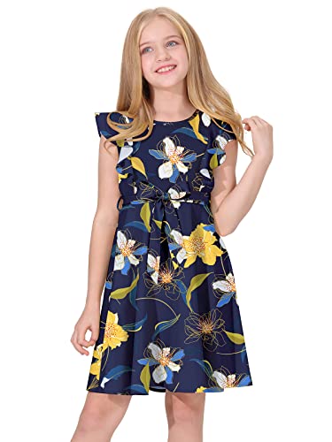 Quedoris Girls Ruffle Trim Sleeveless Belted Dress With Zipper Navy Floral 130Y #TOP8