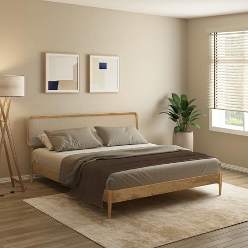 Image of NTC Lupin Wooden Bed Frame with Headboard, Solid Oak and Rubber Wood Foundation with Silent Slats and Wood Central Supports, 1000 Lb Capacity, King - Teak Look