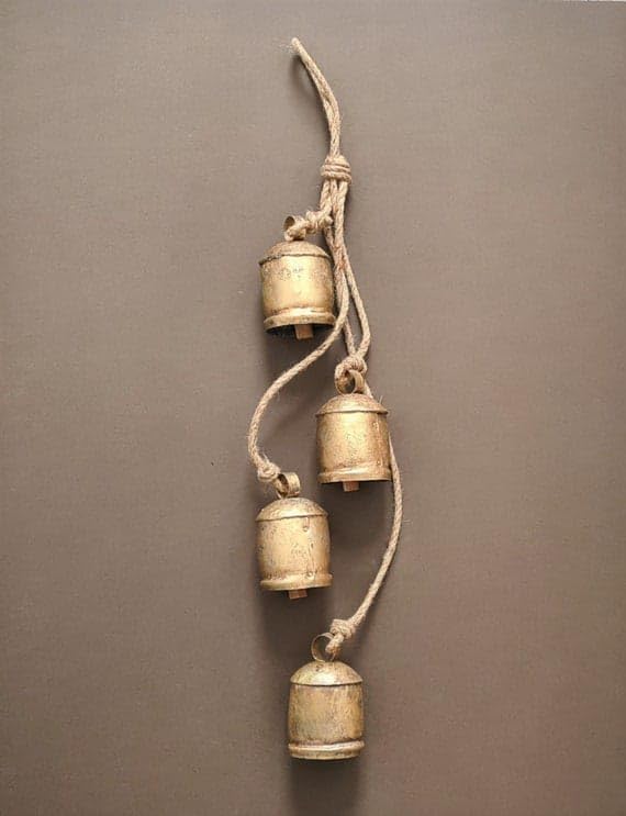 Shabby Chic Bells Set of 4 Hanging Metal Tibetan Inspired Meditation Decorative Cow Bell with Jute Rope Vintage Handmade Lucky Rustic Metal Tranquil Wind Chimes Wall Hanging Decor Gift