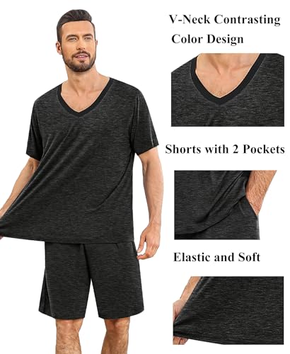 SWOMOG Mens Pajama Sets 2PCS Short Sleeve Pjs Sets V Neck Sleepwear Soft Loungewear Classic Nightshirt Sets with Pockets Nightwear Deep Gray