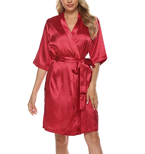 Hount Womens Plus Size Satin Robes Short Silky Bathrobes Bridesmaid Party Dressing Gown Nightwear(Wine Red,XX-Large)