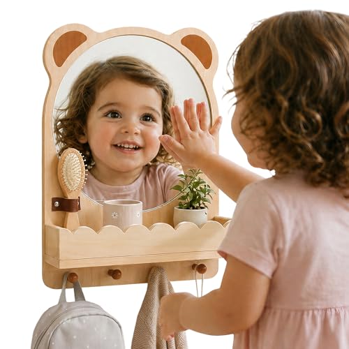 STEPLAY Montessori Mirror with Hooks and Shelf Toddler Self-Care Station with Sensory Mirror Nursery Wooden/Acrylic Child Safe Wall Mirror for Kids Playroom Bathroom Bedroom Living Room Entryway