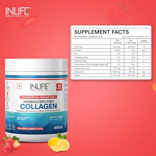 Image of INLIFE Japanese Marine Collagen Supplements for Women & Men | Clinically Proven Ingredient with Biotin, Hyaluronic Acid, Vitamin C & Glucosamine (200g, Strawberry)