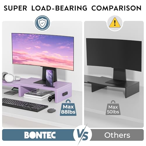 Image of BONTEC Dual Monitor Stand Riser with Smartphone Holder, Adjustable Length & Swivel Angle, Ergonomic Wooden Desktop Organizer for PC Monitor, Laptop, Printer, Large Storage, 42.5 in, Purple