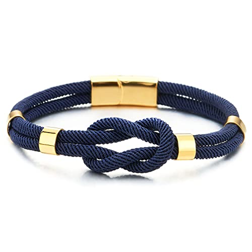 COOLSTEELANDBEYOND Mens Women Friendship Nautical Knot Dark Blue Cotton Straps Double-Lap Wristband Gold Color Bracelet