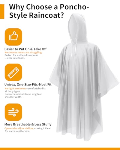 Hitituto Rain Ponchos Family Pack – Disposable Poncho for Kids&Adults with Drawstring Hood, Waterproof, Lightweight & Breathable, Clear & Assorted Colors – Emergency Raincoat for Travel, Theme Parks