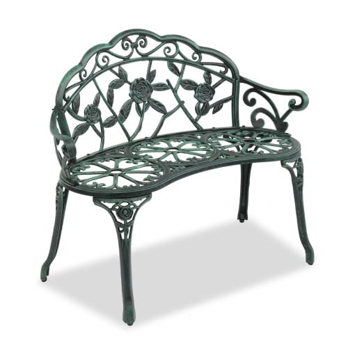 Bonnlo Banc Exterieur Jardin en Aluminium Moulé|Style Vintage avec Motif de Roses|Banquette,Bancs de Jardin Robuste pour Terrasse, Balcon et Patio|Vert Antique