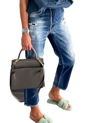 Flamingals Cropped Straight Leg Mid Rise Boyfriend Ripped Wash Roll Hem Denim Jeans3