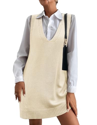 Image of HOTOUCH Women Sweater Vest Oversized V Neck Sleeveless Knit Pullover Ribbed Vest Dress with Pockets