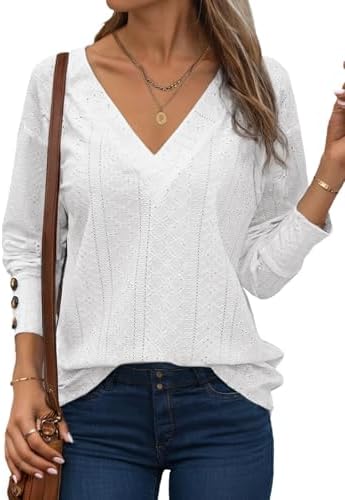 Dokotoo Womens Early Fall Fashion 2025 White Long Sleeve Shirts for Women Buttons Hollow Out Embroidered Tops Business Casual Outfits Ladies Elegant White Blouses for Women Dresy Casual XXL